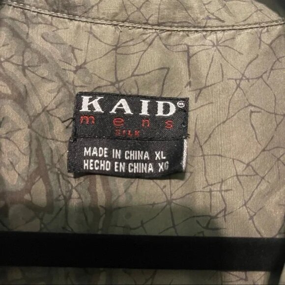 Vintage Kaid mens size XL 100% silk olive green and blue silk button up! - Picture 2 of 6